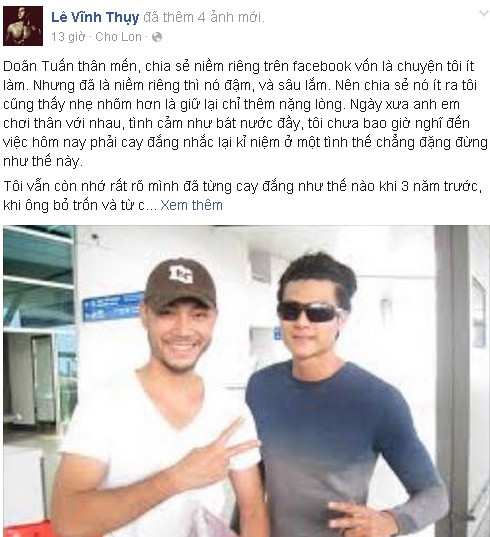 Việc siêu mẫu Vĩnh Thụy lên Facebook viết "tâm thư" tố Doãn Tuấn quỵt tiền 1,6 tỷ đồng vay nợ của anh gây bão mạng tuần qua. Doãn Tuấn vốn là người mẫu, ông xã của diễn viên Quỳnh Nga. Trong bức "tâm thư" này, Vĩnh Thụy nhắc lại tình cảm anh em thân thiết giữa anh và Doãn Tuấn , tiết lộ việc nhiều lần nhắn tin đòi nợ nhưng Doãn Tuấn đều im lặng, thậm chí còn "trở mặt" với những hành động làm mất đi tình cảm anh em.