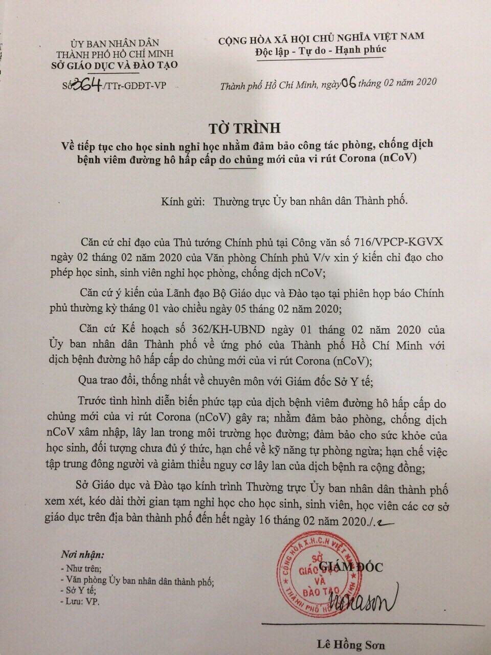 Hoc sinh TPHCM chinh thuc nghi hoc them 1 tuan vi dich virus corona