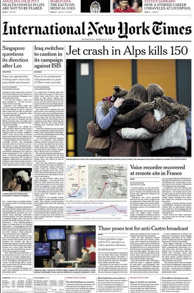 Tờ New York Times của Mỹ cũng dành một phần lớn của khổ báo đưa tin.