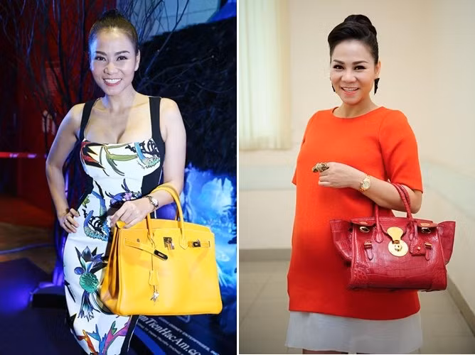 Thu Minh có một bộ sưu tập túi Hermes nhiều màu. Chiếc túi vàng trong hình có giá khoảng 17.900 USD (hơn 380 triệu đồng). Ngoài ra, các thương hiệu như Salvatore, Ralph Lauren cũng được nữ ca sĩ yêu thích. Không ít trong số đó có giá hàng chục nghìn đô la.
