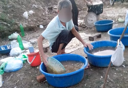 Những chậu nước cáu bẩn, chai lọ và hóa chất hãm tiết canh bày la liệt trên mặt đất. Ảnh minh họa.