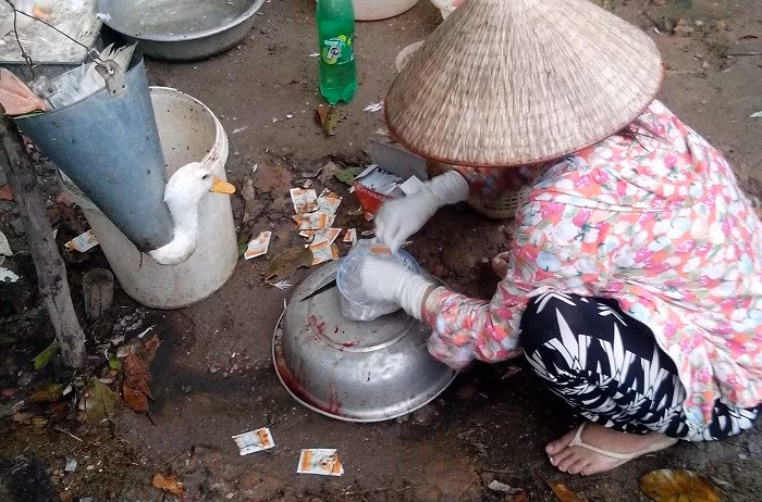 Vỏ những gói bột hãm tiết canh vứt la liệt trên mặt đất. Ảnh minh họa.