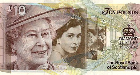 Hai triệu tờ tiền giấy 10 pounds phát hành nhân dịp đại lễ kim cương của Nữ hoàng Elizabeth II. Ảnh minh họa.