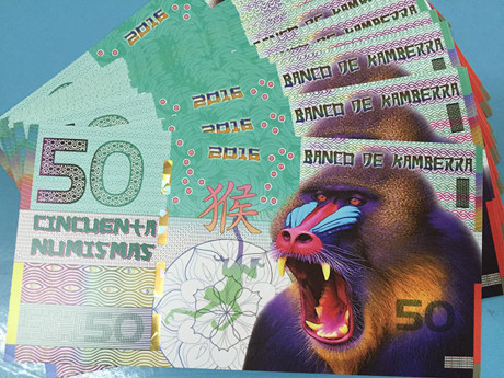 Tiền Kamberra 50 Numismas (Úc) in hình con khỉ. Đây là tiền kỷ niệm được in ra để làm tiền lì xì cho tết của người châu Á, trong đó có Việt Nam.