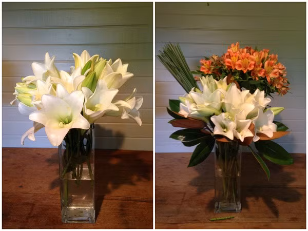 Bạn có thể sử dụng những chiếc bình thủy tinh và cắm hoa thấp, xòe rộng. Ảnh: Sydneyflowerschool.