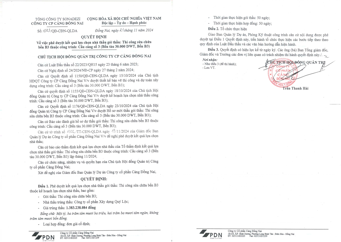 Cong ty Cang Dong Nai da tim duoc nha thau thi cong sua chua ben B3