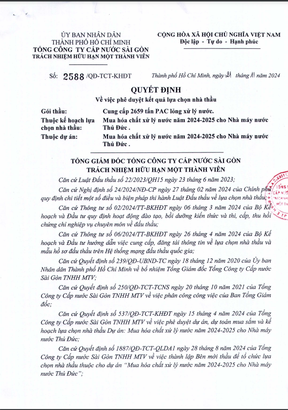 2.659 tan PAC long xu ly nuoc cua SAWACO da co chu