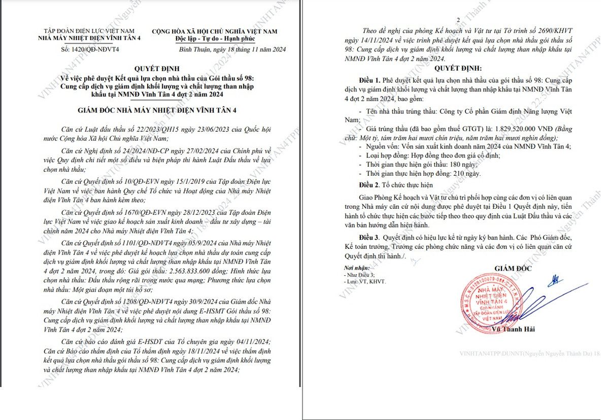 Nang luong Viet Nam cung cap dich vu giam dinh khoi luong va chat luong than nhap khau