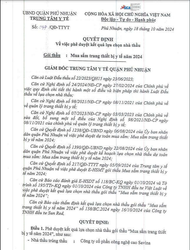 Cong ty Savina trung goi mua sam thiet bi y te nam 2024