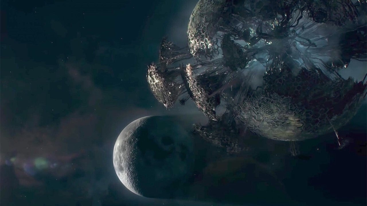 Một phần đất bị đánh bay lên không gian, tạo ra một mạng lưới các đám mây và các vật thể ngoài không gian đang di chuyển với tốc độ cực nhanh.