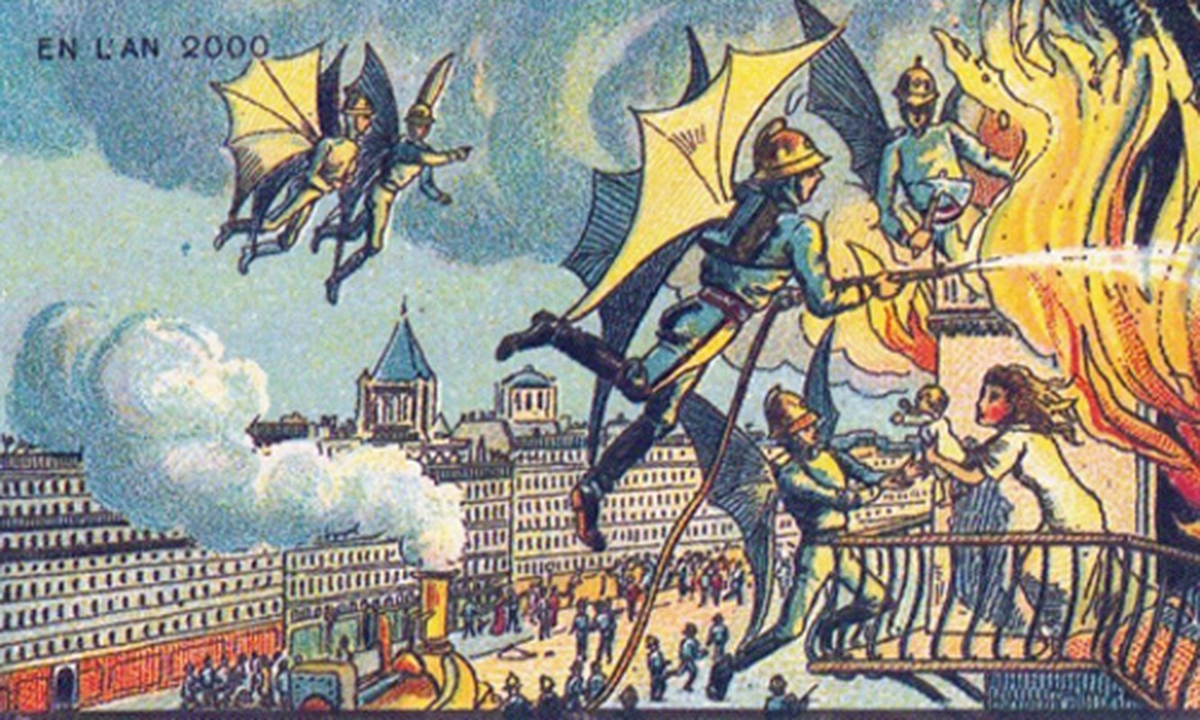 5. Thông qua các tấm bưu thiếp của các họa sĩ Pháp, người xưa đã tiên tri lạ lùng về thế kỷ 21 của nhân loại. Trong đó, cuộc sống của con người có nhiều biến đổi đáng kể nhờ những phát minh độc đáo. Trong ảnh là tấm bưu thiếp thể hiện ý tưởng lính cứu hỏa được trang bị đôi cánh dơi có thể bay để dập tắt hỏa hoạn ở những tòa nhà cao tầng mà xe cứu hỏa bình thường không thể vươn tới.