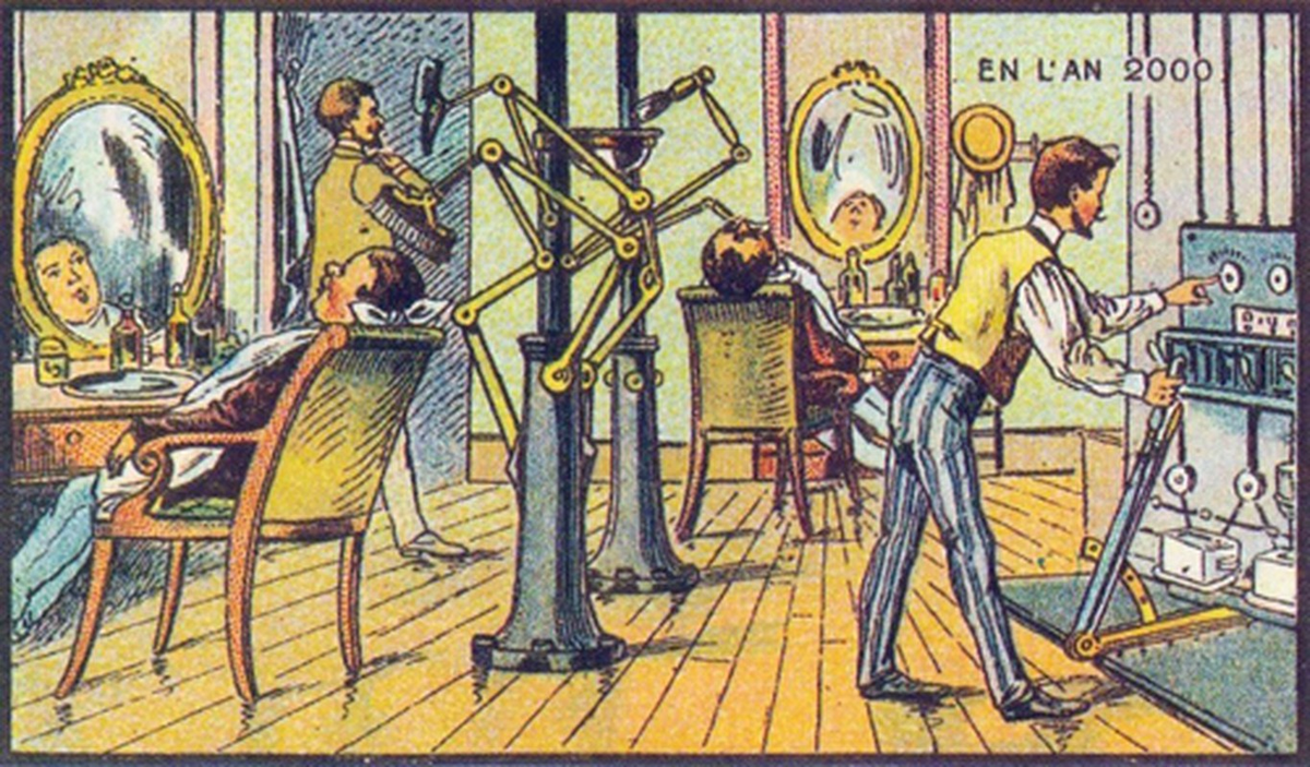 6. Cửa hàng cắt tóc tự động dành cho các quý ông trông có vẻ khá nguy hiểm là một trong những "lời tiên tri" về cuộc sống thế kỷ 21 của người xưa gửi gắm qua tấm bưu thiếp này.