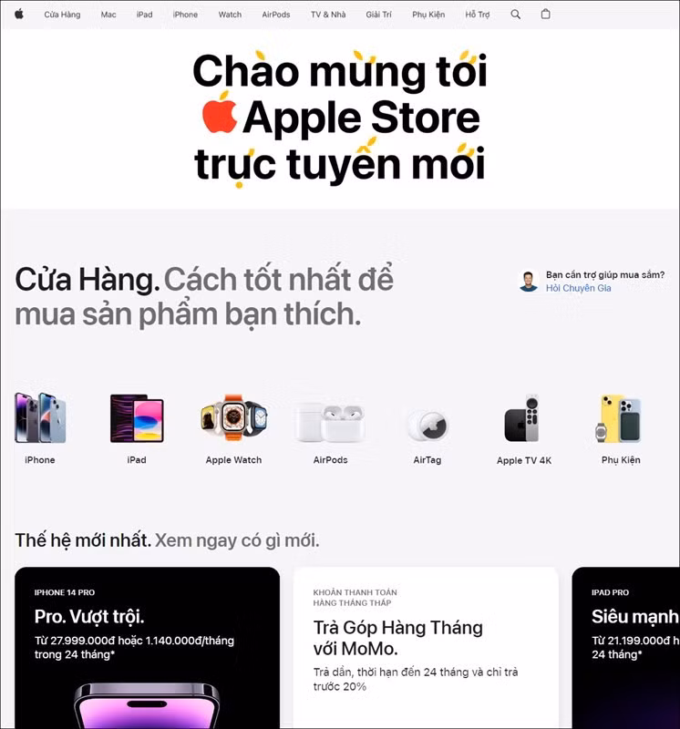 Nhằm tạo điều kiện tốt nhất cho khách hàng, cửa hàng Apple trực tuyến còn cung cấp dịch vụ trả góp hàng tháng thông qua ví điện tử MoMo (trả trước 20% giá trị sản phẩm và trả góp tối đa 24 tháng).