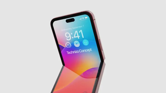 iPhone Flip vẫn sẽ có phần khuyết Dynamic Island ở màn hình chính. (Ảnh: Technizo Concept)