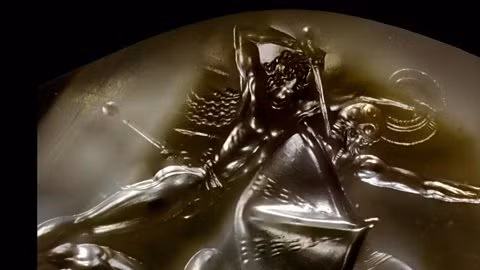 Cảnh chiến đấu này bao gồm các chiến binh đang đánh nhau bằng vũ khí khác nhau, bên cạnh những con ngựa và những biểu tượng linh thiêng khác.