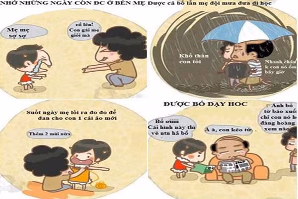 Bố mẹ có cách chăm sóc khác nhau nhưng đều thể hiện tình thương vô bờ bến với con cái.