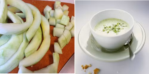 Cháo vỏ dưa hấu giúp giải khát, thanh nhiệt, giải độc rất tốt. Vỏ dưa hấu bỏ lớp vỏ cứng và phần ruột, rửa sạch, thái hạt lựu, bóp muối. Cho nước, vỏ dưa và gạo đã vo vào nồi. Đun sôi rồi vặn nhỏ lửa ninh đến khi cháo mềm. Ảnh: suckhoegiadinh, tannhang