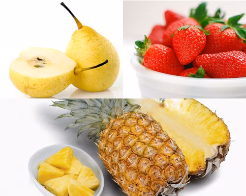 Sinh tố dứa - lê - dâu tây. Kết hợp những loại quả mùa hè này sẽ tạo thành món sinh tố ngon có vị chua ngọt rất dễ chịu. Nguyên liệu gồm có 1/2 khoanh dứa, 2 quả lê nhỏ, 4 quả dâu tây, 50ml nước cam hoặc nước táo hộp. Ảnh: ngaynay