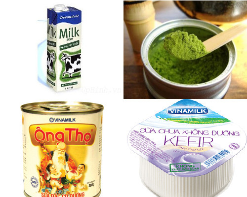 Nguyên liệụ để làm món này gồm có 1 lít sữa tươi, 1/2 hộp sữa đặc, 1/2 thìa cà phê bột trà xanh, 2 hộp sữa chua không đường, 10 hộp thủy tinh đựng sữa chua, 1 thùng xốp giữ nhiệt. Ảnh: fivimart. 