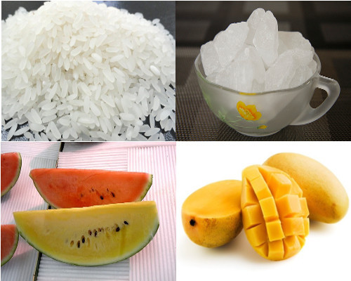 Nguyên liệu để chế biến cháo hoa quả khá đơn giản. Một chút gạo tẻ và gạo nếp (nhiều gạo nếp thì cháo cháo sánh hơn, nhiều gạo tẻ thì cháo thanh mát hơn), vài lát hoa quả khác nhau như dưa hấu, xoài, dưa vàng... chút đường phèn, ít đá. Ảnh: ngaynay