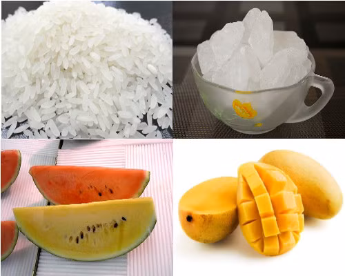 Nguyên liệu để chế biến cháo hoa quả khá đơn giản. Một chút gạo tẻ và gạo nếp (nhiều gạo nếp thì cháo cháo sánh hơn, nhiều gạo tẻ thì cháo thanh mát hơn), vài lát hoa quả khác nhau như dưa hấu, xoài, dưa vàng... chút đường phèn, ít đá. Ảnh: ngaynay