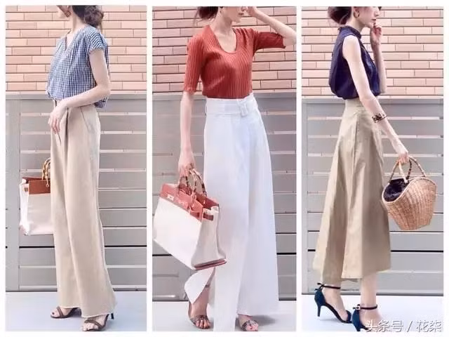 Phối theo tông màu kẻ sọc xanh trắng và màu be. Áo kẻ sọc xanh trắng kết hợp với quần màu be ống rộng cũng là một set đồ thời thượng cho các nàng trong tiết trời đầu thu.