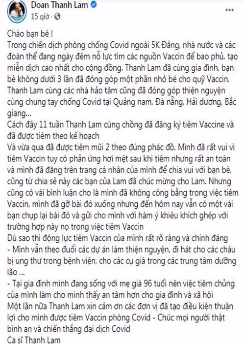 Thanh Lam len tieng ve on ao da tiem 2 mui vac xin COVID-19