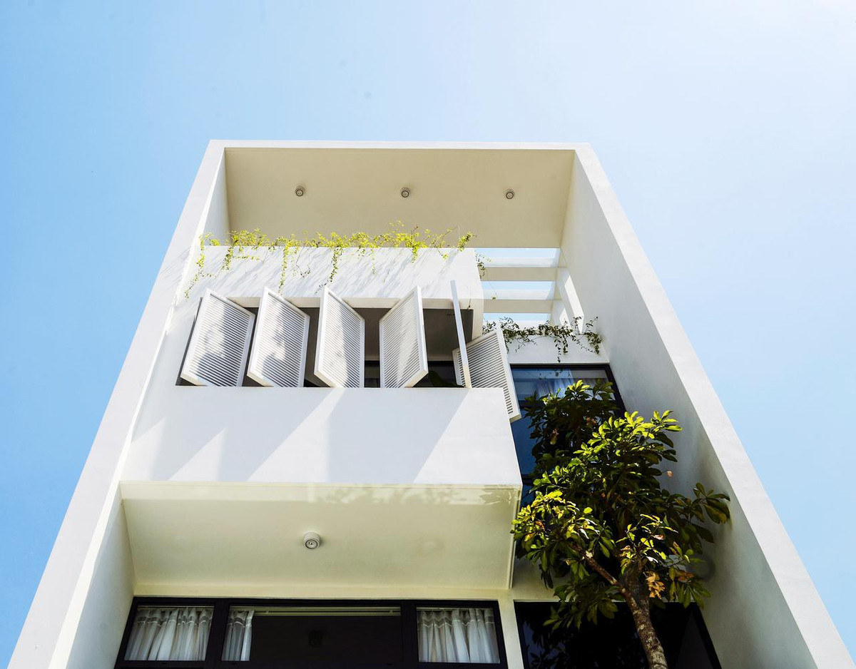 Thiết kế mặt tiền có phần hộp nhô ra, ở giữa bố trí các cửa sổ nhỏ xếp so le, bên cạnh đó là cây cao che lấp một phần mặt tiền tầng 2 và 3, tạo điểm nhấn giữa khối công trình màu trắng.