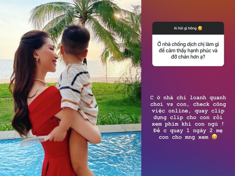 Hòa Minzy cho biết, cuộc sống của cô trong những ngày giãn cách xã hội là chơi với con, làm việc online, quay, dựng clip cho con để đăng tải trên mạng và xem phim khi con ngủ.