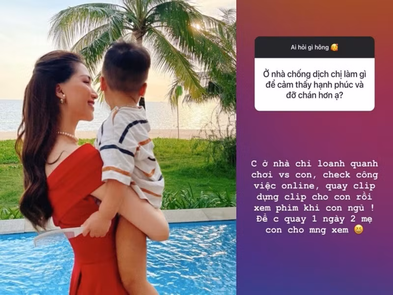 Hòa Minzy cho biết, cuộc sống của cô trong những ngày giãn cách xã hội là chơi với con, làm việc online, quay, dựng clip cho con để đăng tải trên mạng và xem phim khi con ngủ.