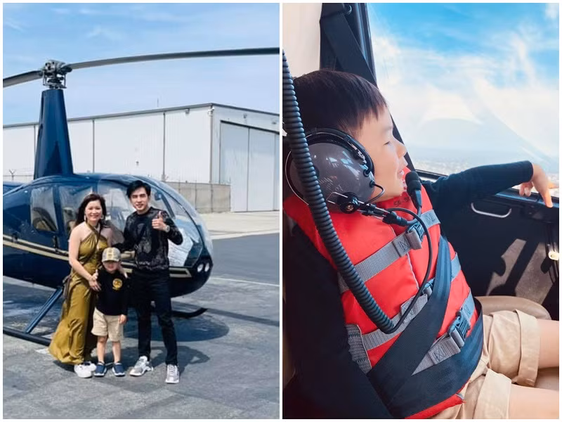 Gần đây, Đan Trường - Thủy Tiên thuê trực thăng trong chuyến du lịch để chiều lòng cậu quý tử.