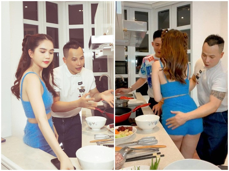 Dọn về ở chung, Khắc Tiệp - Ngọc Trinh liên tục gây ồn ào. Cách đây ít ngày, ông bầu gây xôn xao khi dùng tay vỗ mạnh vòng 3 của "gà cưng" trên livestream.