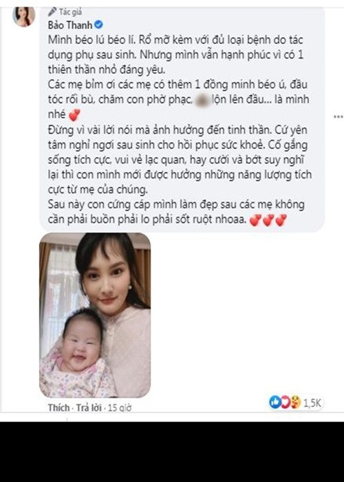 Nữ diễn viên còn tâm sự, dù chưa thể giảm cân nhưng vẫn hạnh phúc vì có con gái. Bảo Thanh nhắn nhủ đến các bà mẹ bỉm sữa chưa lấy lại được vóc dáng không nên bận tâm những lời chê bai, hãy chờ con cứng cáp thì làm đẹp.