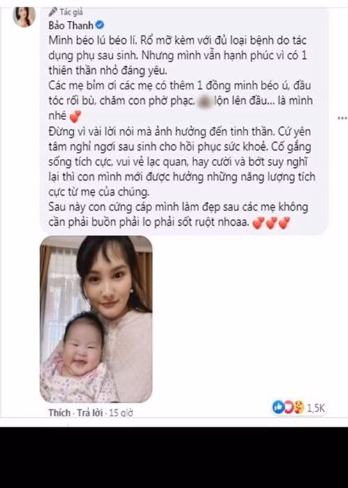 Nữ diễn viên còn tâm sự, dù chưa thể giảm cân nhưng vẫn hạnh phúc vì có con gái. Bảo Thanh nhắn nhủ đến các bà mẹ bỉm sữa chưa lấy lại được vóc dáng không nên bận tâm những lời chê bai, hãy chờ con cứng cáp thì làm đẹp.