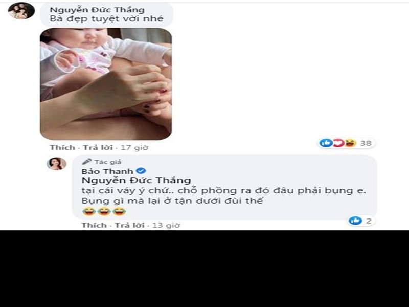 Ông xã của Bảo Thanh động viên vợ trước những bình luận kém duyên. Đáp lại chồng, Bảo Thanh phân trần: "Tại cái váy ý chứ, chỗ phồng ra đó đâu phải bụng em. Bụng gì mà lại ở tận dưới đùi thế".