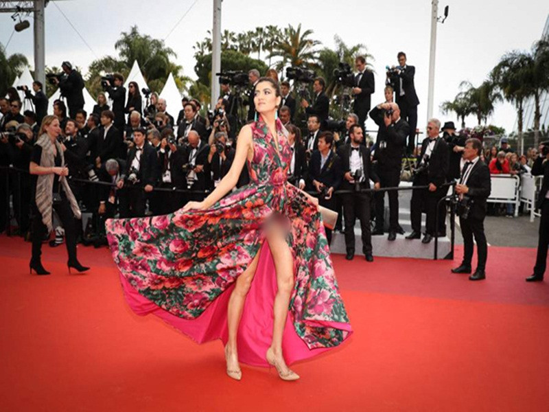 Trên thảm đỏ Cannes 2019, mỹ nhân sinh năm 1981 lộ nội y vì tung tà váy. Ảnh: Dân Việt