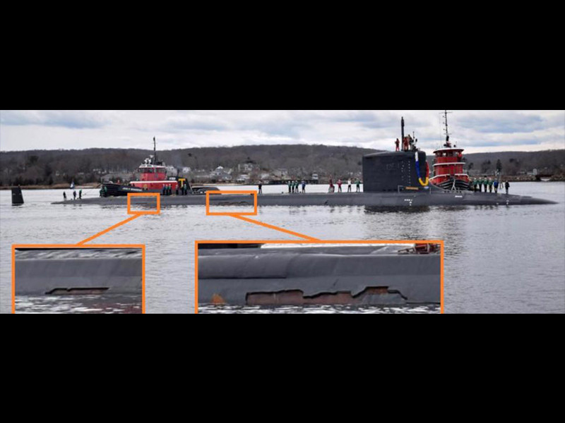 Những hình ảnh mới nhất về tàu ngầm SSN 788 Colorado của Mỹ sau khi trở về cảng New Longdon ở Connecticut, Mỹ đã khiến không ít người phải xót xa khi lớp vỏ của nó bị bong tróc nặng. Nguồn ảnh: BMDP.