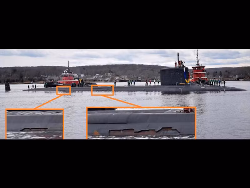Những hình ảnh mới nhất về tàu ngầm SSN 788 Colorado của Mỹ sau khi trở về cảng New Longdon ở Connecticut, Mỹ đã khiến không ít người phải xót xa khi lớp vỏ của nó bị bong tróc nặng. Nguồn ảnh: BMDP.