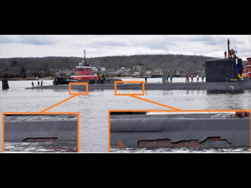 Việc lớp vỏ của tàu ngầm Colorado bị bong tróc những mảng lớn tới như vậy có thể ảnh hưởng tới khả năng hoạt động, quan trọng nhất là khả năng tàng hình của tàu khi lặn dưới lòng biển. Nguồn ảnh: BMDP.