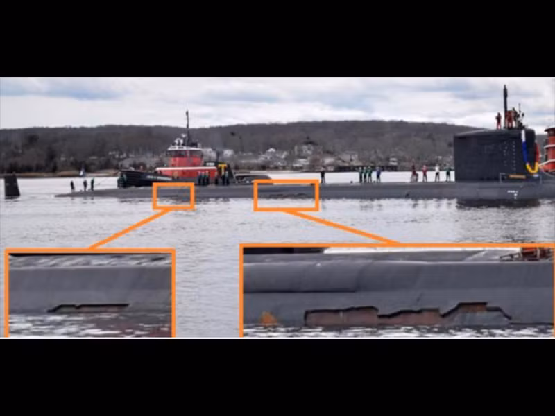 Việc lớp vỏ của tàu ngầm Colorado bị bong tróc những mảng lớn tới như vậy có thể ảnh hưởng tới khả năng hoạt động, quan trọng nhất là khả năng tàng hình của tàu khi lặn dưới lòng biển. Nguồn ảnh: BMDP.