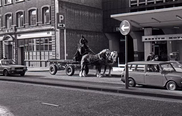 Hai con ngựa của nhà máy Whitbread Brewery kéo một chiếc xe qua phố Aldersgate vào tháng 10/1982.Ảnh: Vintag.
