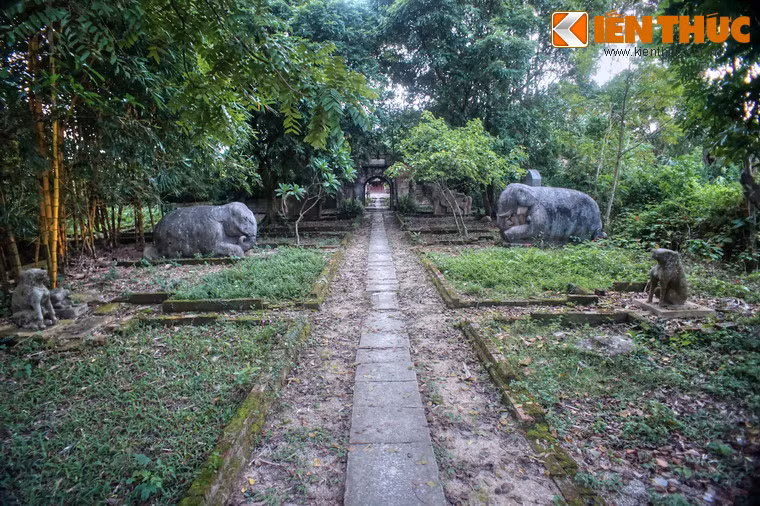 Đường dẫn từ khu thành ngoại vào trong khu thành nội được lợp đá tảng, hai bên là hàng chó đá, ngựa đá, voi đá và tượng thần hộ pháp.