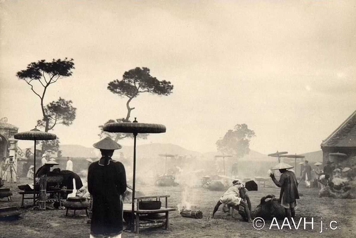 Trâu, dê và lợn được xẻ thịt để phục vụ lễ tế ở khu vực Thần Trù, Đông Bắc đàn Nam Giao.