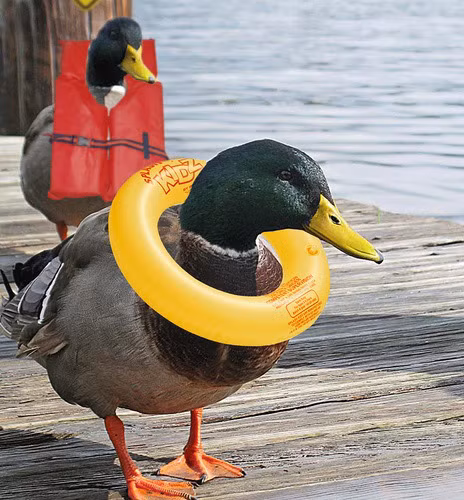 Chiếc phao bơi màu vàng giống như một thứ vòng cổ dành cho chú vịt nhỏ hơn là phụ kiện khi chú đi bơi.