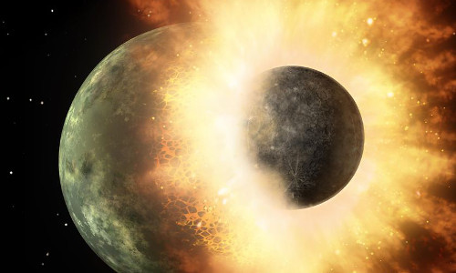 Thuyết tác động. Giả thuyết này có vẻ như hợp lý hơn những giả thuyết trước bởi nó giải thích được sự tương đồng về thành phần hóa học của Trái đất và Mặt trăng. Tuy nhiên, giả thuyết lại không giải thích được lý do tại sao Mặt trăng và Trái đất giống hệt nhau về mặt hóa học. Các nhà khoa học gọi những vật thể tác động đến Trái đất là "Theia". "Theia" là mẹ của nữ thần Mặt trăng Selene.