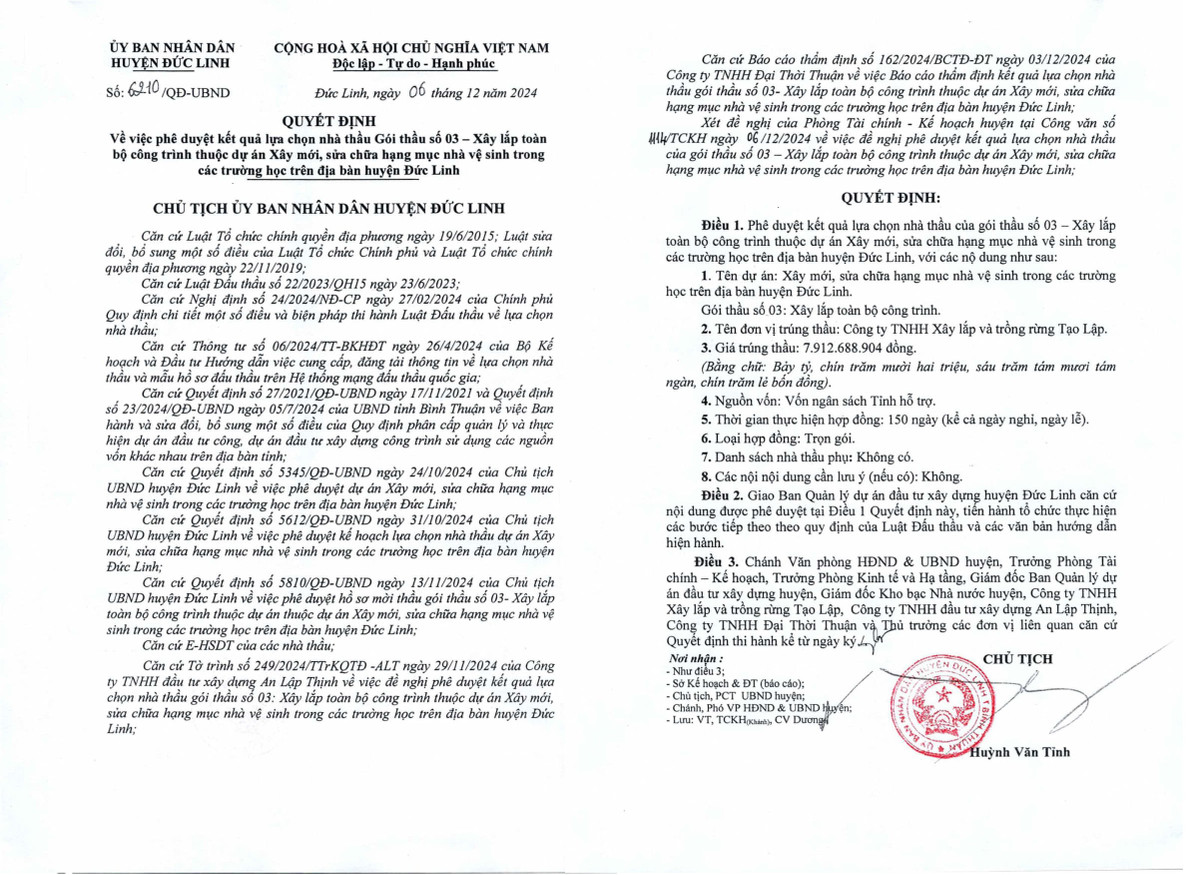 Binh Thuan: Cty Tao Lap trung goi thau xay lap gan 8 ty tai Duc Linh