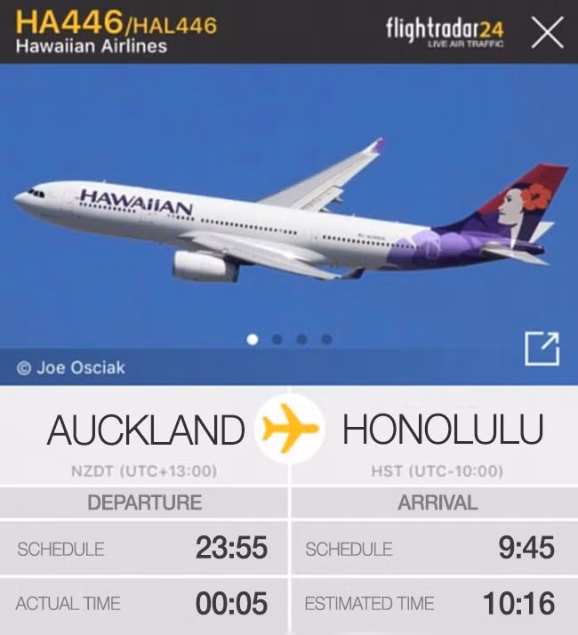 5. Đón năm mới 2018 hai lần: Một chiếc máy bay của Hawaii khởi hành từ Auckland (New Zealand) lúc 0 giờ 5 phút ngày 1/1/2018. Các hành khách trên chuyến bay đặc biệt này đã được đón năm mới 2018 hai lần vì chuyến bay hạ cánh ở Honolulu (Hawaii) lúc 10 giờ 16 phút ngày 31/12/2017 theo giờ địa phương. Đây cũng là do sự chênh lệch múi giờ.