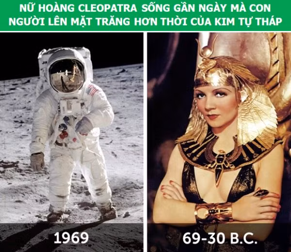3. Nữ hoàng Cleopatra trị vì đất nước Ai Cập trong khoảng thời gian những năm 69-30 TCN. Có nghĩa là thời đại của bà thực chất còn gần với sự kiện con người lần đầu đặt chân lên mặt trăng (1969) hơn cả lúc kim tự tháp Giza được xây dựng vào năm 2540 TCN.