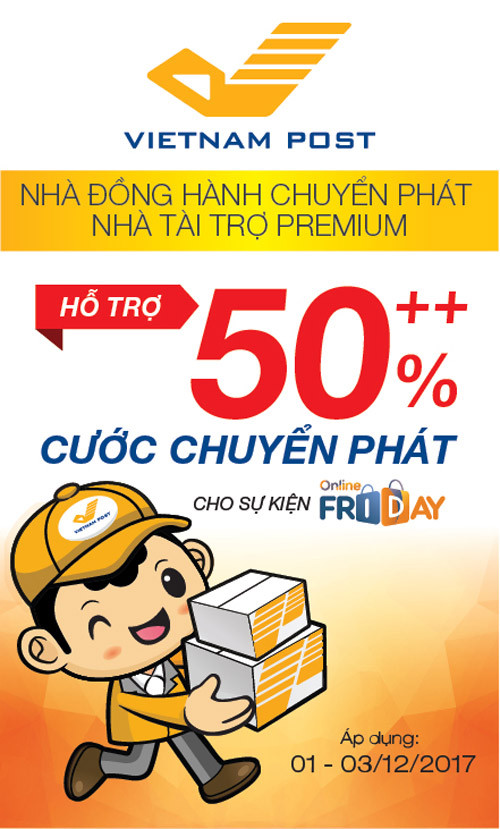 Tham gia với tư cách là nhà đồng hành chuyển phát - Nhà tài trợ Premium của sự kiện Online Friday năm nay, Bưu điện Việt Nam mang đến cho khách hàng gói hỗ trợ giảm cước vận chuyển lên đến hơn 50% khi tham gia sự kiện BIG OFF 2017. Ảnh: Vietnamnet.