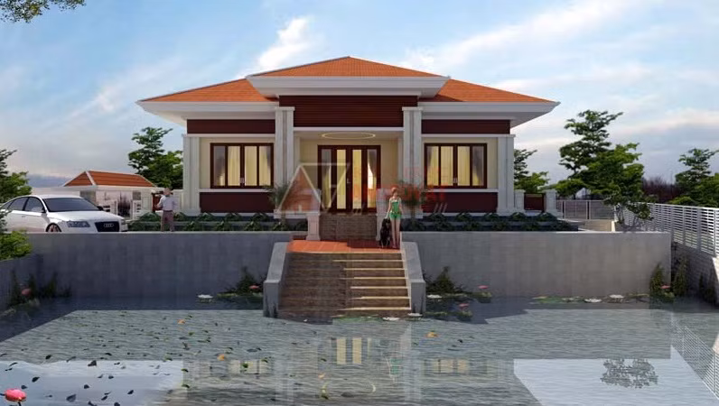 Nhà vườn 1 tầng nổi bật với hệ thống mái thái đẹp hút mắt. Ảnh: Angcovat.